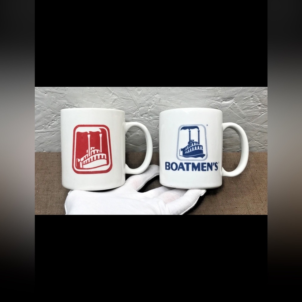 Vintage Lot of 2 Boatmen's Bank Coffee Tea Cup Mug White Blue Red